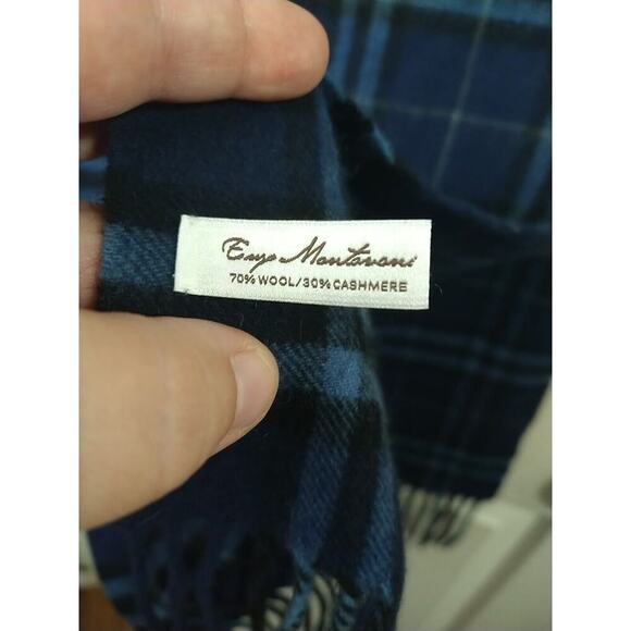 enzo mantovani Unisex Blue Plaid Wool Cashmere Winter Scarf - Picture 6 of 8